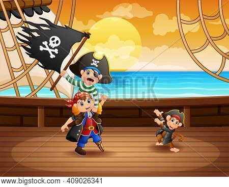 Pirate Ship With Captain And Monkey In The Sea With Black Flag
