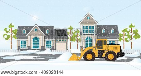 Snow Plow Truck Cleaning Snows Area Streets At Village Home, Winter Snow Removal, Concept Modern Cit