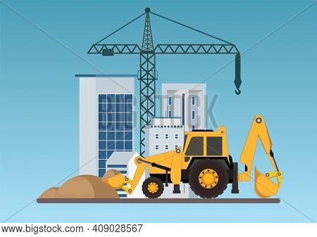 Construction Of Building.crane With Bulldozer, Machinery Working In Area.under Construction Building
