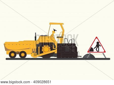 Repair The Road Surface. Asphalt Paver Makes The Paving On Street.road Under Construction Flat Style
