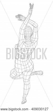 Wireframe Ballerina Or Dancer In Dance Pose. Vector 3d Rendering