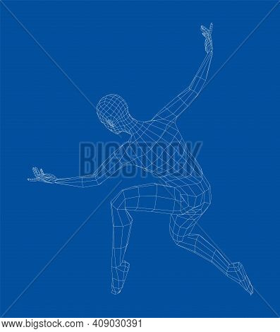 Wireframe Ballerina Or Dancer In Dance Pose. Vector 3d Rendering