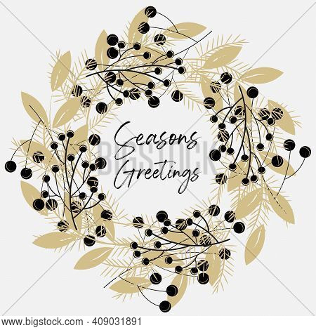 Seasons; Greatings; Gold; Happy; Merry; Christmas; Decorative; Graphic; Decor; Wreath; Leaf; Vector;