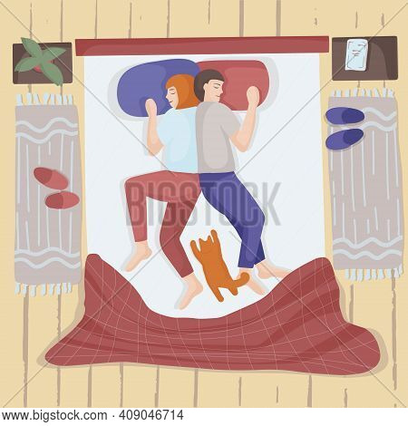 Cute Couple Sleeping In Bed. Young Spouses. Man And Woman Lying In Bed Close To Each Other With A Ca
