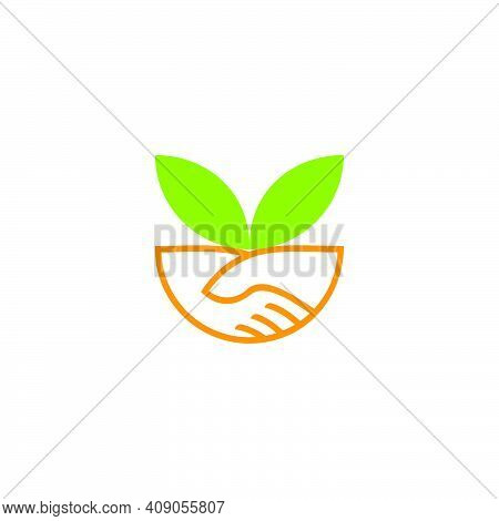 Hand Shake Green Leaf Organic Food Symbol Vector