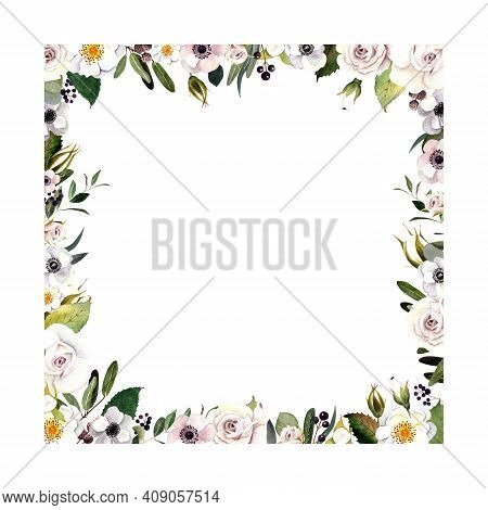 Frame With Flowers And Leaves On White Background. Waterclolor Floral Illustration.