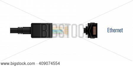 Composition With Realistic Image Of Ethernet Rj-45 Connector Plug And Port For Wired Connection Vect