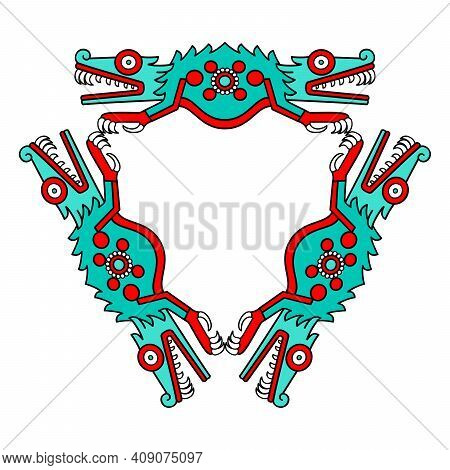 Colorful Triangular Shaped Crocodile Ornament, In Aztec Style. Turquoise, Red And Black Colored Tria