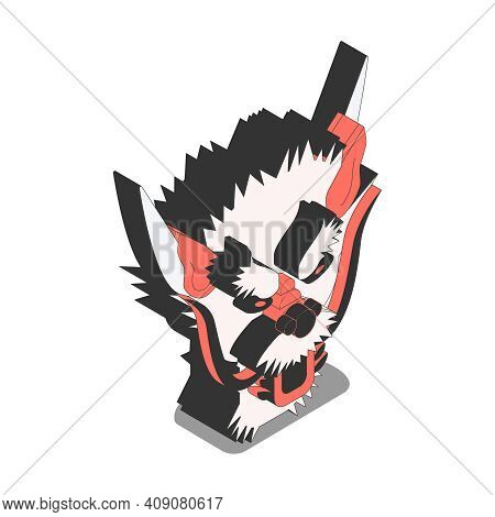 Chinese Culture Traditions Symbols Isometric Composition With Devils Head On Pedestal Vector Illustr