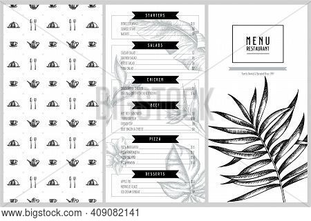 Vintage Menu Design With Monstera, Banana Palm Leaves, Strelitzia, Heliconia, Tropical Palm Leaves, 