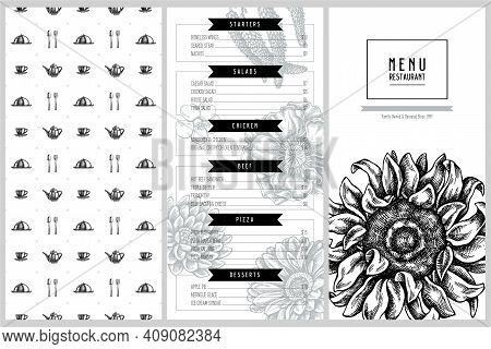 Vintage Menu Design With Poppy Flower, Gerbera, Sunflower, Milkweed, Dahlia, Veronica Stock Illustra