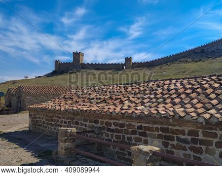 Tiled Roof In A Medieval Fortress In The City Of Sudak In The Crimea. Travel Concept. Mobile Photo.