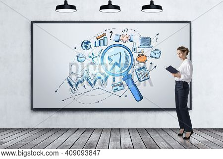 Office Woman Manager With Notbook, Canvas Frame With Loupe With Set Of Icons And Web Network Symbols