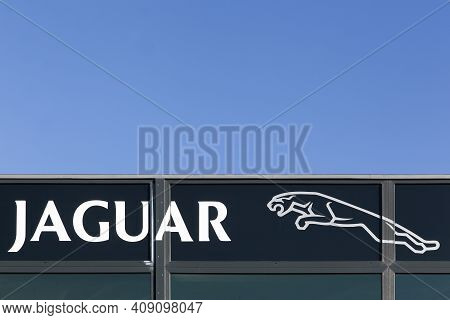 Skanderborg, Denmark - February13, 2016: Jaguar Logo On A Wall. Jaguar Cars Is A Brand Of Jaguar Lan