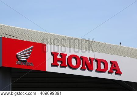 Villefranche, France - May 24, 2020: Honda Logo On A Building. Honda Is A Japanese Public Multinatio