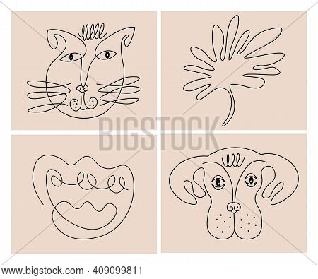 Abstract Funny Cat And Dog Faces Line Drawing Set. Portrait Minimalistic Style. Surrealistic Line Dr