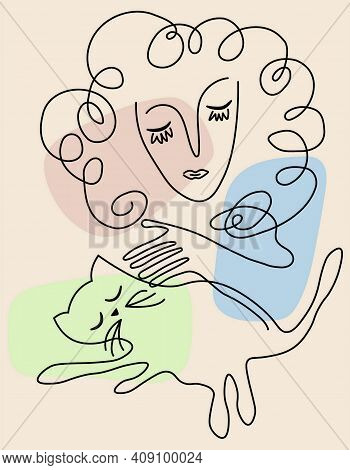 Vector Image Abstract Face Line Drawing. Portrait Minimalistic Style Woman With Closed Eyes An A Cat