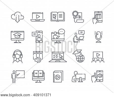 Collection Of Black And White E-learning Related Line Icons Isolated On White Background. Set Of Col