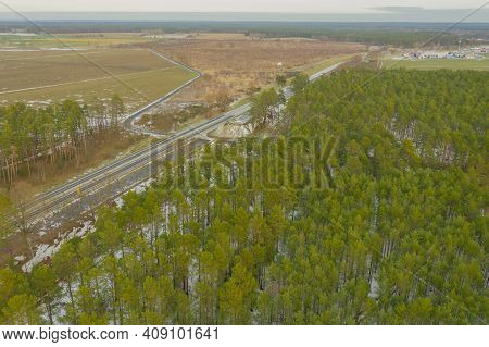 A Vast Plain Overgrown With Pine Trees. Green Canopy Of Trees. It Is Winter, The Ground Is Covered W
