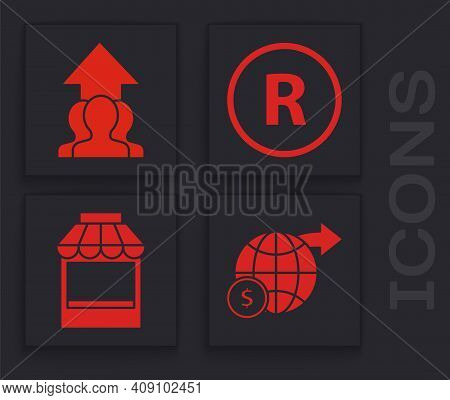 Set Earth Globe With Dollar, Growth Chart And Progress In People Crowd, Registered Trademark And Sho