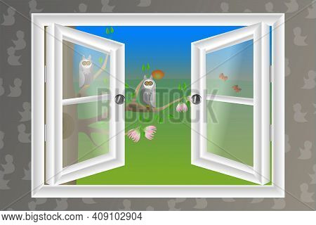 Vector Illustration : Open White Window On Bright Sunny Day With Outdoor View Of An Owl Couple Perch