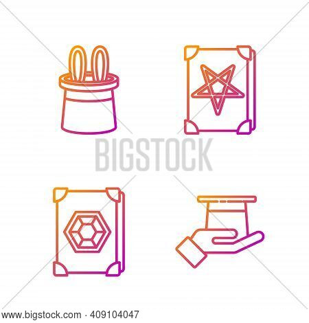 Set Line Magician Hat In Hand, Ancient Magic Book, Magician Hat And Rabbit Ears And Ancient Magic Bo