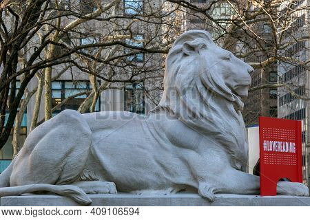 New York, Usa-march 7,2020:lion From The Exterior Of Public Library.with 53 Million Items And 92 Loc