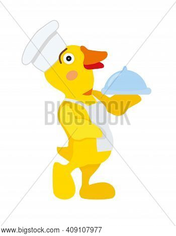Duck Cook In A Chef's Hat And Apron Serves A Dish In A Closed Box Funny Character