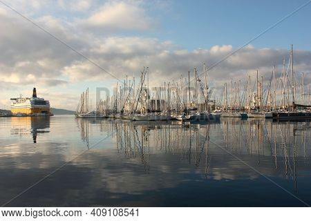 Ferry And Yacht Harbor In Toulon, France