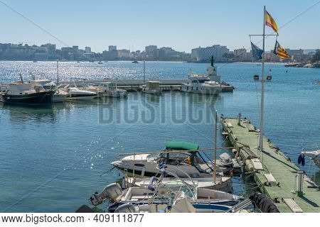 Palmanova, Spain; February 20 2021: General View Of The Marina And Beach Of The Mallorcan Resort Of 
