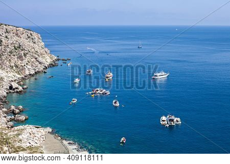 View of the Tremiti Islands. San Domino island, Italy: scenic view of tipycal rocky coastline. Adriatic Sea. Puglia, Italy.