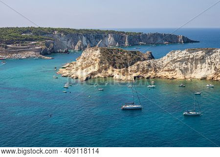 View of the Tremiti Islands. San Domino island, Italy: scenic view of tipycal rocky coastline. Adriatic Sea. Puglia, Italy.