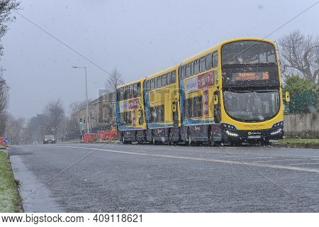 Dublin, Ireland - January 30, 2021: Three Dublin Double-decker Buses At The Terminal Station In Ball