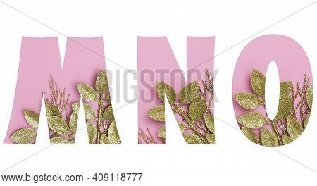 Floral Golden Glitter Pink Font Letters M,n,o Isolated On White