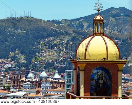 Panoramic View Of The City Cuenca, Ecuador, With Its Many Churches And Cathedral, Surrounding Mounta