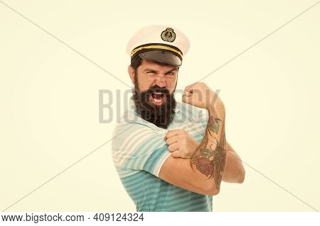 Strong Muscles. Sailor Spirit. Bearded Sailor Isolated On White. Sailor Or Seaman With Long Beard An