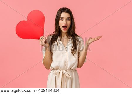 Surprise, Relationship And Love Concept. Amused And Wondered Alluring Woman Didnt Expact Receive Val