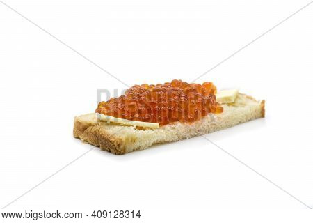 Piece Of White Bread With Red Caviar, Selective Focus. Flat Lay, Top View.