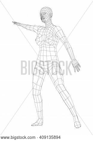 Wireframe Ballerina Or Dancer In Dance Pose. Vector 3d Rendering