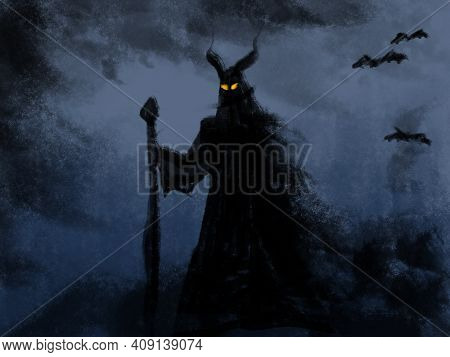Illustration Of A Demonic Creature With A Staff In Hand And Piercing Eyes On Its Face. Frightening M