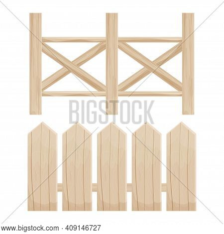 Elegant Wooden Fence In Light Colours, Set Isolated On White Background Stock Vector Illustration. W