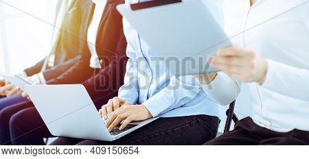Group Of Diverse Business People Working In Office, Close-up. Woman Working With Laptop. Conference,