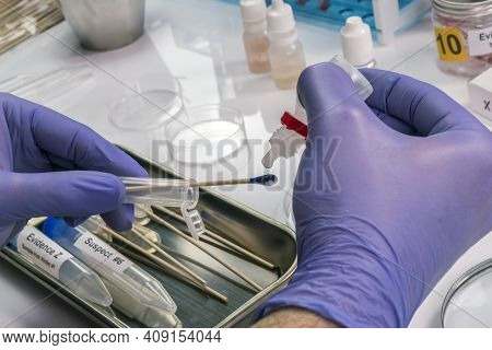 Hematological Analysis With Forensic Test Kit In A Murder In A Crime Lab, Positive For Human Blood, 