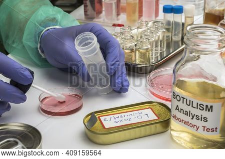 Experienced Laboratory Scientist Analyzing A Sample From A Canned Food Can, Botulism Infection In Si