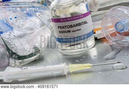 Vial Of Sodium Pentobarbital Next To An Oxygen Mask, Covid-19 Pandemic, Spain