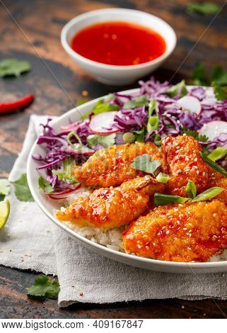 Korean Fried Chicken With Red Cabbage Salad And White Rice. Asian Food