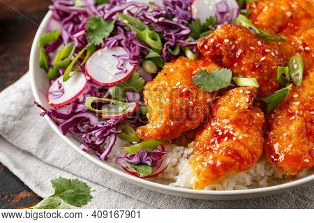 Korean Fried Chicken With Red Cabbage Salad And White Rice. Asian Food
