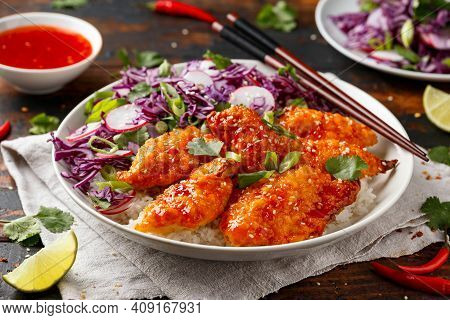 Korean Fried Chicken With Red Cabbage Salad And White Rice. Asian Food