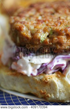 Elicious Burger With Sauce. Hamburger. Delicious Grilled Angus Burger With Cheese, Salad And Tomatoe