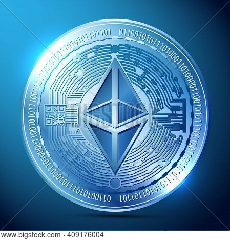 Image In The Form Of A Blue Sparkling Coin Of The Digital Cryptographic Currency Ethereum